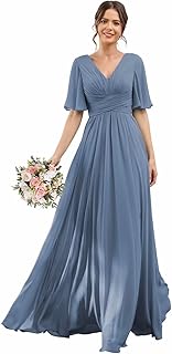 Wedding bridesmaid dress with floating sleeves and V -neck with pockets, long formal evening dress in silk muslin with slot yo003.. Affordable luxury and fast service — only on DIAYTAR Nigeria.