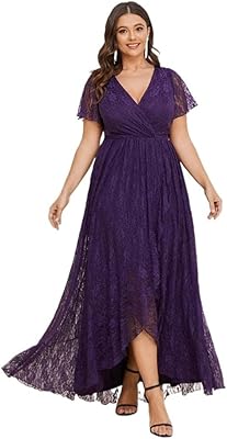 Sexy Summer Dress in lace, V -neck, Short sleeves, united color, irregular hem, evening dress for wedding guests (color: purple, size: xl).. Experience the convenience of boundless shopping with DIAYTAR NIGERIA's vast selection and quick delivery.