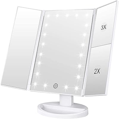 Light makeup mirror, foldable courtesy mirror with three -parts with 3x/2x/1x magnification, 21 natural LED night lights and touch screen, adjustable batteries and USB power supply, table cosmetic mirror (white).. DIAYTAR NIGERIA: Bringing quality products to every Nigerian home at prices everyone can afford.