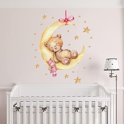 Sleeping plush bear on the moon and stars, wall stickers for interior decoration of children's rooms (golden bear).. DIAYTAR NIGERIA: Where affordability meets variety, with thousands of products delivered in less than 8 days.
