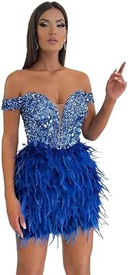 HOFFTI Women's dress with sequins and feathers for women, bare shoulders, shiny, luxurious, evening ball gown for women (color: hortel, waist: xl).. Shop the future with DIAYTAR NIGERIA - thousands of products, unbeatable prices, delivery within a week.