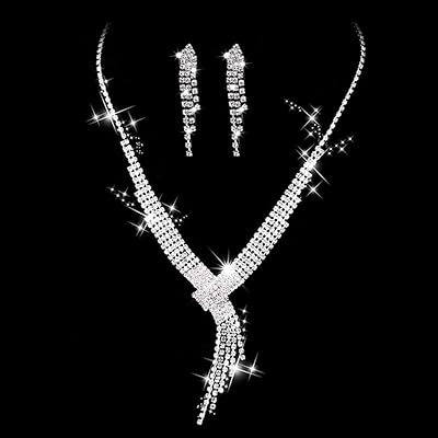 Set of crystal bridal jewelry composed of a necklace, earrings and hanging earrings in silver rhinestones for women and girls (silver-1).. Enjoy the simplicity of shopping with DIAYTAR NIGERIA, offering vast choices delivered in just 5-8 days.