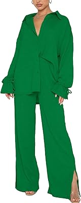 Set of women's clothing made up of a long -sleeved shirt and wide pants with buttons on the front in two rooms.. DIAYTAR NIGERIA: Your affordable shopping destination with thousands of products delivered in days.