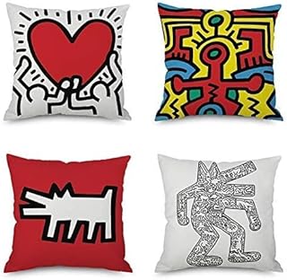 Farge Lot of 4 cushion covers with Keith Harings graffiti patterns, printed on one side, cotton and linen, thumbs (45 x 45 cm).. Experience the convenience of boundless shopping with DIAYTAR NIGERIA's affordable platform and quick shipping.