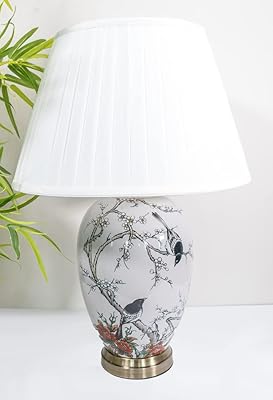 Table lamp with black and orange ceramic bird pattern, gray Chinese oriental style (G2107) (white pleated curtain).. Shop with purpose at DIAYTAR NIGERIA, where diverse selection meets budget-friendly nationwide delivery.