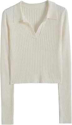 Yeprem women's clothing, short knitting sweater adjusted to women, vintage polo colo with long sleeves, female sweaters, chic highs (color: white, size: US-M).. Experience retail therapy without the financial stress at DIAYTAR NIGERIA's affordable e-commerce platform.