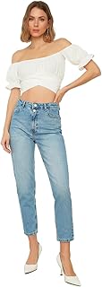 Blue jeans for women with double button, high waist and designer mom, size 32.. DIAYTAR NIGERIA: Where affordability and variety meet with convenient delivery within 8 days.
