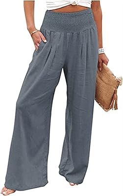 Large casual pants RIOX for women in cotton and linen, comfortable and elastic high waist with pockets, gray, l.. DIAYTAR NIGERIA: Bridging the gap between consumers and quality products with affordable nationwide shipping.
