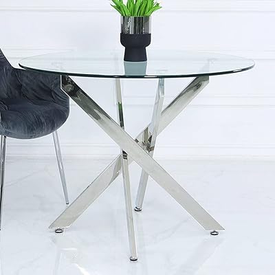 Vanity Living dining table, transparent tempered glass tray, kitchen breakfast table, modern davos table in durable chrome with round stainless steel frame.. DIAYTAR NIGERIA: Making quality accessible to all Nigerians with affordable prices and quick delivery.