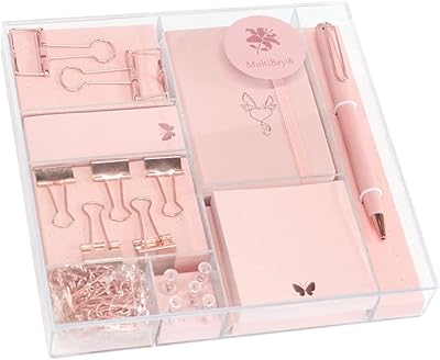 Pink gold multi-baiered stationery set, pennant pen, feather pen, mini notebook, badge and trombones, gift box for pink desktop supplies.. Transform your online shopping experience with DIAYTAR NIGERIA's affordable and diverse marketplace.