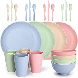 Set of 24-room bowls, wheat straw straw plates, set of degradable light plates, bowls, cups, tableware, washable dishwasher service, unbreakable salad plates (4 colors, 24).. DIAYTAR NIGERIA: Your affordable gateway to thousands of products delivered within a week.