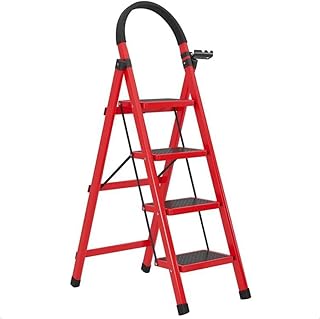 Folding scale with 4 steps with large and thick non-slip pedals, armrests and improved tool holders, portable ladder for the house and the courtyard (4 steps, red).. Online shopping made simple and affordable — DIAYTAR Nigeria.