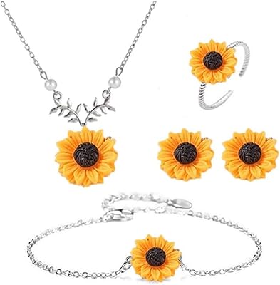 Set of 5 -piece sunflower jewelry for women - including a necklace, a bracelet, earrings and a ring.. DIAYTAR NIGERIA: Where affordability and variety meet with convenient delivery within 8 days.
