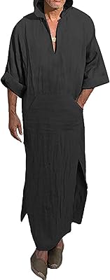 Abaya in cotton and linen of Arabic design for men with V -collar and long sleeves, casual caftan dress with side slit and pockets.. Browse, shop, and receive — DIAYTAR Nigeria keeps it simple.