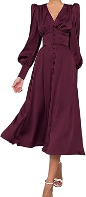 Long satin dress with puffy sleeves for women with long buttoned dress with a row of ruffles.. Your complete shopping solution, DIAYTAR NIGERIA offers extensive choice with competitive prices and delivery.