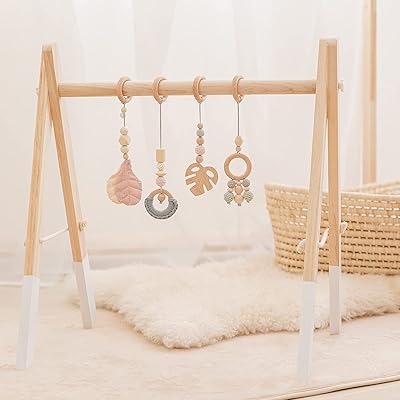Baby wood gym, curved triangular shape with 4 hanging toys, detachable wooden frame, set of gymnastics activities, baby room decoration, toy (style2).. DIAYTAR NIGERIA brings affordable shopping to your fingertips with reliable delivery in less than 8 days.