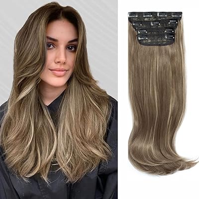 Synthetic hair extensions with clips, 4 rooms, brown with blond reflections, long hair extensions, smooth, thick, full head, wavy, for women.. Affordable online shopping is just a click away with DIAYTAR Nigeria.