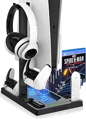 Vertical support with cooling fan for PS5 controller and PS5 digital edition, DualSense PS5 charging station, charging station with two load ports for controller and retractable game storage for PS5.. The future of Nigerian shopping is here — DIAYTAR Nigeria.