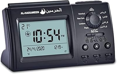 Islamic table clock Azan Oshengsi, two prayer clocks for all prayers, direction of Qibla and Islamic church, automatic digital alarm clock in black plastic.. DIAYTAR NIGERIA: Where countless products meet affordable prices and reliable nationwide shipping.