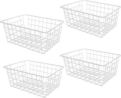 Set of 4 stackable storage baskets in metallic wire with integrated handle for vertical freezer, kitchen, cabinets, bathroom, bedroom, white.. DIAYTAR NIGERIA brings the market to your screen with thousands of affordable products delivered to your door.