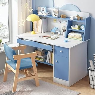 Computer desk, design office with library, desktop with drawers, home study table, computer table, corner desk (A525A-Bleu).. Enjoy low prices, wide selections, and reliable delivery with DIAYTAR Nigeria.