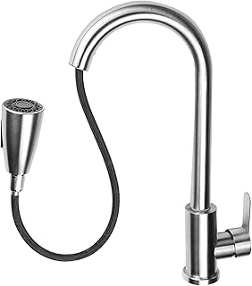 Tilted kitchen faucet with extractable sprayer sink taps in stainless steel at a level.. DIAYTAR NIGERIA: Where every click leads to affordable purchases delivered promptly to your door.