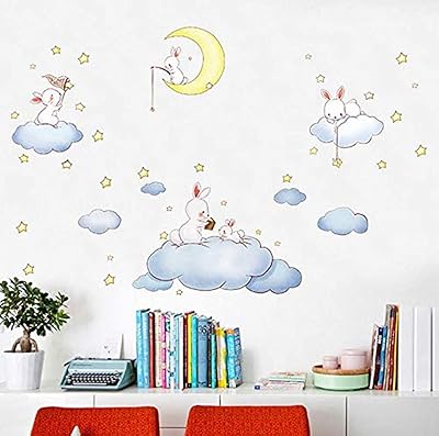 Rabbit wall stickers cartoon for children's bedrooms white attracting stars.. DIAYTAR NIGERIA brings the marketplace to your home with budget-friendly prices and nationwide delivery.