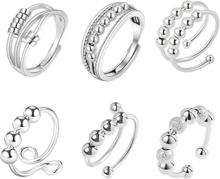 Set of 6 anti-stress silver plated rings, rotating ring with anti-anxiety pearls for unisex women and men, adjustable open ring, metal, without precious stones.. Experience shopping without stress at DIAYTAR NIGERIA's comprehensive and budget-friendly platform.