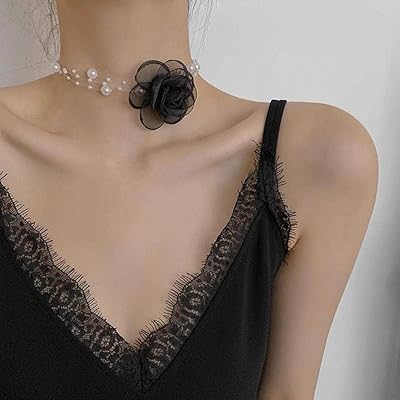 Goodrun vintage adjustable necklace with false pearls and pink flowers for women, fashion necklace accessories, summer decoration, party, girls, magnificent jewelry - black.. DIAYTAR NIGERIA: Making online retail accessible to all with affordable nationwide shipping.