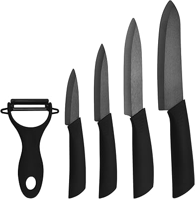 Set of professional ceramic kitchen knives with case, extra sharp, resistant to rust and stains (chef's knife 15 cm, 5.5 cm all -use knife, 10 cm fruit knife, 7.7 cm office knife, 1 peeler).. Shop without compromise at DIAYTAR NIGERIA, where quality, affordability, and quick delivery coexist.