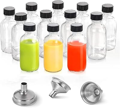 Fuvo Lot of 12 mini transparent glass bottles of 2 oz with lids and 3 stainless steel funnels - Boston round sample bottles of 60 ml for potions, juice, ginger and oils.. DIAYTAR NIGERIA brings the market to your fingertips with affordable prices and swift delivery services.