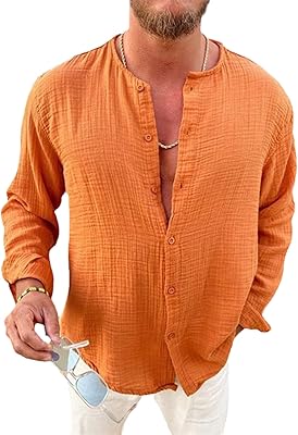 Large cotton and linen loose shirt for men, plain color, with fine round neck and long sleeves.. DIAYTAR NIGERIA: Where every search leads to affordable products delivered promptly across Nigeria.
