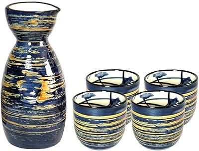 Set of traditional Japanese sake cups painted by hand, 5 pieces, porcelain, pottery, ceramics and crafts (Blue Wise).. Shop without boundaries at DIAYTAR NIGERIA, offering affordable products with convenient delivery times.