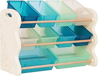 Teddy B Spaces by Battat Toys toys - Storage unit of the baby furniture collection with 10 stackable bins - ivory, navy blue and light green.. DIAYTAR NIGERIA: Your trusted partner for affordable online shopping with reliable delivery timeframes.