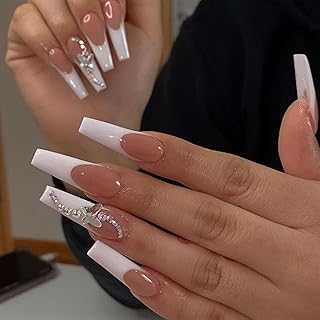 Press on nails long french False nails brilliant nude white butterfly rhinestones artificial nail nails false nails full acrylic coverage for women girls with glue 24 pieces.. Get more for less on DIAYTAR Nigeria — Nigeria’s favorite e-commerce platform.