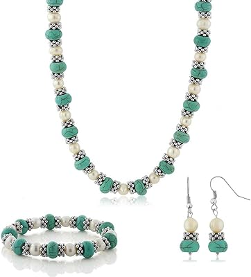 Collar and earrings for women with synthetic Howlite stone and freshwater culture pearls and 18 inch size, metal, synthetic turquoise.. Your everyday shopping destination, DIAYTAR NIGERIA offers unbeatable value with quick delivery times.