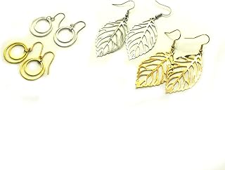 4 pairs of metal earrings with long leaves for women, gold and silver ear jewelry.. DIAYTAR NIGERIA: Bringing affordable shopping solutions with a diverse product catalog delivered nationwide.