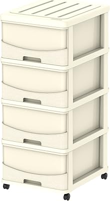 4 -level storage cabinet in cedar wood with drawers and casters, broken white color of cosmoplast.. DIAYTAR NIGERIA makes every shopping desire a reality with affordable prices and delivery in 5-8 days.