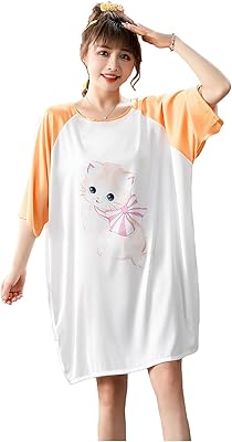 Long night shirt in silk satin for women, comfortable nightgown to put on, night clothes with short sleeves for girls, large -waisted relaxed pajamas, white and orange, free.. DIAYTAR NIGERIA: Your affordable gateway to thousands of products delivered within a week.