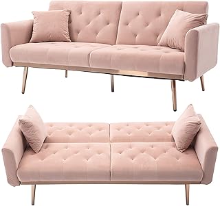 Convertible sofa bed in velvet, modern padded sofa bed with 2 cushions and 5-foot gold plated base, foldable sofa adjustable for the living room (pink, velvet).. Make every purchase count with DIAYTAR Nigeria — shop smart, shop fast.