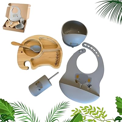 Kaloudis baby food set with bamboo suction cup plate, silicone suction cup bowl, spoon, training cup with straw and matching theme bib for baby gifts.. Your go-to destination for affordable online shopping, DIAYTAR NIGERIA delivers in under 8 days.