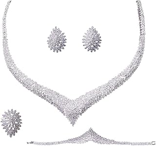 Silver wedding jewelry set and cubic zirconia, 4 rooms, necklace, bracelet, hanging earrings and ring, suitable for an evening dress for women.. Shop across boundaries with DIAYTAR NIGERIA's comprehensive platform and budget-friendly delivery.
