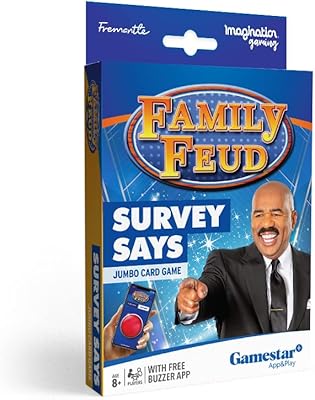 Family Feud Jumbo Edition survey card game, 49 giant questions cards, host cover card, additional application with sound effects of the show.. DIAYTAR NIGERIA: Connecting Nigerians with affordable products delivered promptly nationwide.