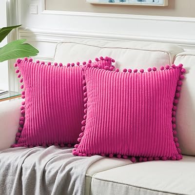 Fancy Homey Lot of 2 Cushions of Vif pink Decorative Cushion 18 x 18 inches with pompoms for living room, sofa, bedroom, square pillowcase in velvet sweet fuchsia uni 45 x 45 cm, bohemian interior decoration.. DIAYTAR NIGERIA: Your gateway to affordable online retail with reliable delivery within the week.