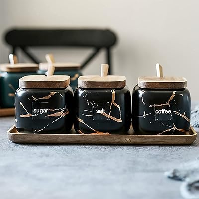 Set of 3 -piece ROA square spice jars, set of matte ceramic spice jars with spoon, lid and sugar, tea, coffee, spices and salt (black).. Unlock access to a wide range of products with DIAYTAR NIGERIA's affordable e-commerce platform.