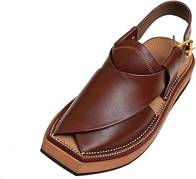 Dark brown men Norozi handmade Zalmi Chappal with double sole - Tongs in real leather texture brown sandal peshawari.. You deserve better shopping — choose DIAYTAR Nigeria today.