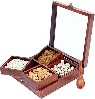Acewood dried fruit service with spoon, spice box, nut box, dried fruit tray, dried fruit gift box, dried fruit containers, Dabba Masala/Masala Dani/Masala box/nut container (20x20x6cm).. For everyday items and more, trust DIAYTAR Nigeria.