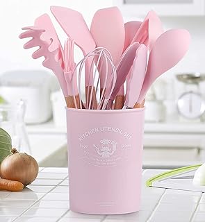 Set of non -stick kitchen utensils in Silicone Vova, 11 pieces with wooden handle and storage bucket (pink).. Shop smarter with Nigeria's premier e-commerce platform, featuring affordable products delivered nationwide.