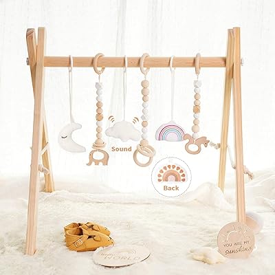 Baby wood gym, curved triangular shape with 6 hanging toys, detachable wooden frame, set of gymnastics activities, baby room decoration, toy (style1).. Why waste time in traffic when you can shop online at DIAYTAR Nigeria? Enjoy convenience, unbeatable prices, and prompt delivery anywhere in Nigeria.