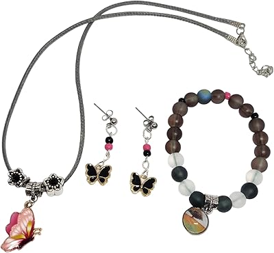 Set of colored jewelry handmade with butterflies (stretch bracelet, earrings and necklace)., Silver, without precious stone.. DIAYTAR NIGERIA: Where every purchase is affordable and delivery is always within a week.
